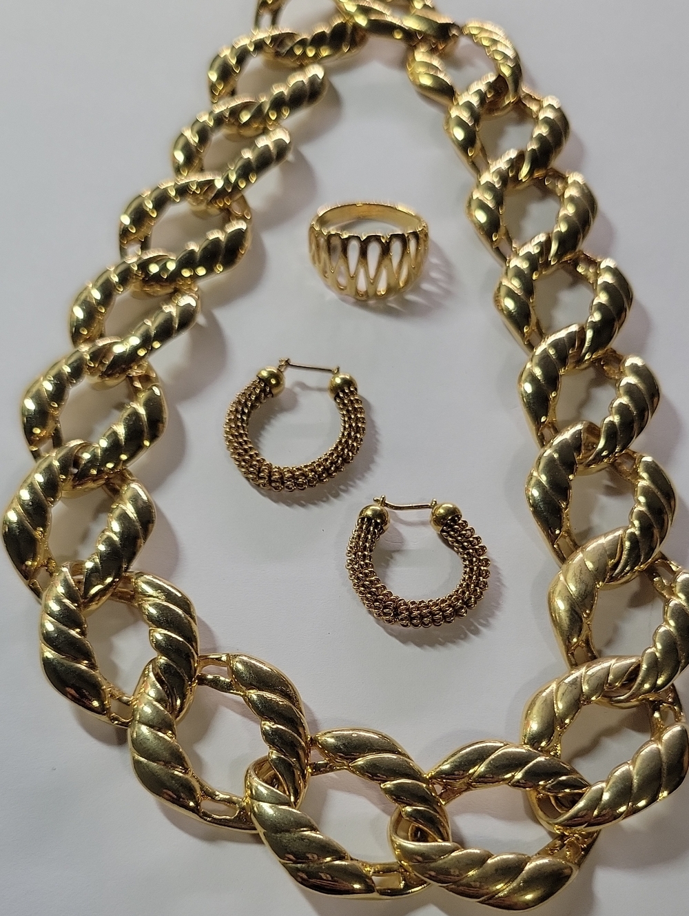 Gold-Tone Chunky Chain Necklace with Hoop Earrings and Ring Set